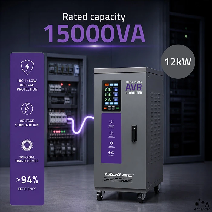 Qoltec Trójfazowy stabilizator napięcia AVR MULTIPROTECTION |15kVA | Dokładność ± 3% | Serwomotor 3F | LCD | Expert Line