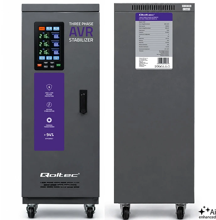 Qoltec Trójfazowy stabilizator napięcia AVR MULTIPROTECTION |15kVA | Dokładność ± 3% | Serwomotor 3F | LCD | Expert Line