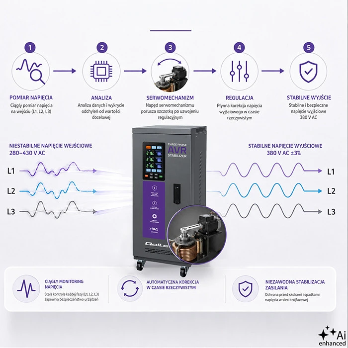 Qoltec Trójfazowy stabilizator napięcia AVR MULTIPROTECTION |10kVA | Dokładność ± 3% | Serwomotor 3F | LCD | Expert Line