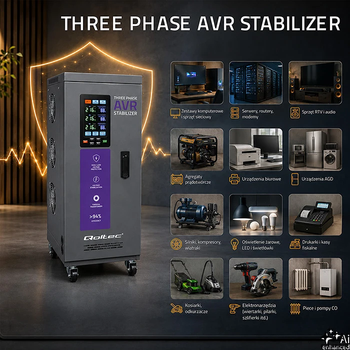 Qoltec Trójfazowy stabilizator napięcia AVR MULTIPROTECTION |10kVA | Dokładność ± 3% | Serwomotor 3F | LCD | Expert Line