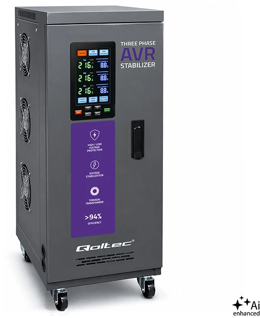 Qoltec Trójfazowy stabilizator napięcia AVR MULTIPROTECTION |10kVA | Dokładność ± 3% | Serwomotor 3F | LCD | Expert Line