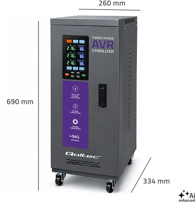 Qoltec Trójfazowy stabilizator napięcia AVR MULTIPROTECTION |10kVA | Dokładność ± 3% | Serwomotor 3F | LCD | Expert Line