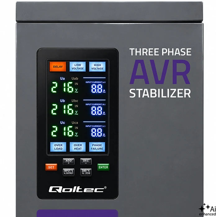 Qoltec Trójfazowy stabilizator napięcia AVR MULTIPROTECTION | 40kVA | Dokładność ± 3% | Serwomotor 3F | LCD | Expert Line