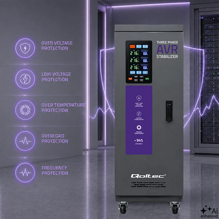 Qoltec Trójfazowy stabilizator napięcia AVR MULTIPROTECTION |15kVA | Dokładność ± 3% | Serwomotor 3F | LCD | Expert Line