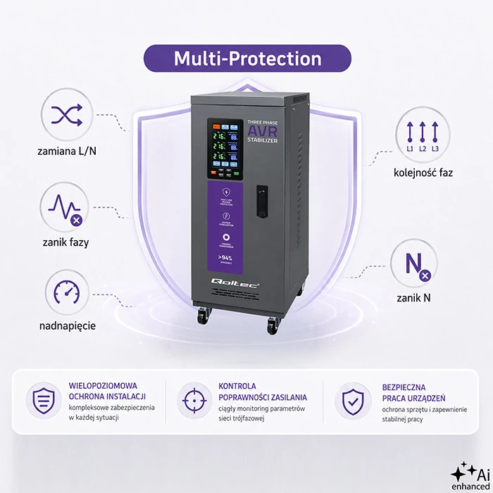 Qoltec Trójfazowy stabilizator napięcia AVR MULTIPROTECTION |10kVA | Dokładność ± 3% | Serwomotor 3F | LCD | Expert Line