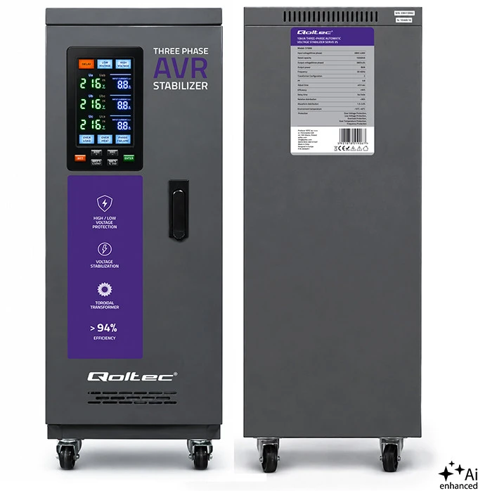 Qoltec Trójfazowy stabilizator napięcia AVR MULTIPROTECTION |10kVA | Dokładność ± 3% | Serwomotor 3F | LCD | Expert Line