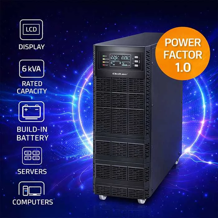 QOLTEC 52283 Nepertraukiamo maitinimo šaltinis UPS / 6kVA / 6000W / Galios koeficientas 1.0 / LCD / EPO / USB / Prisijungęs