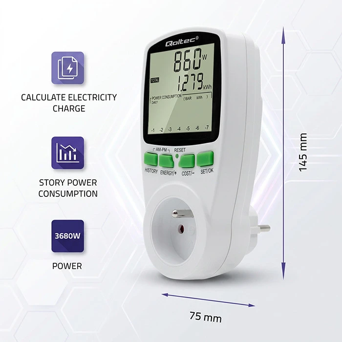 QOLTEC 50627 Galios matuoklis PM0627 su istorija / 3680W / 16A / LCD