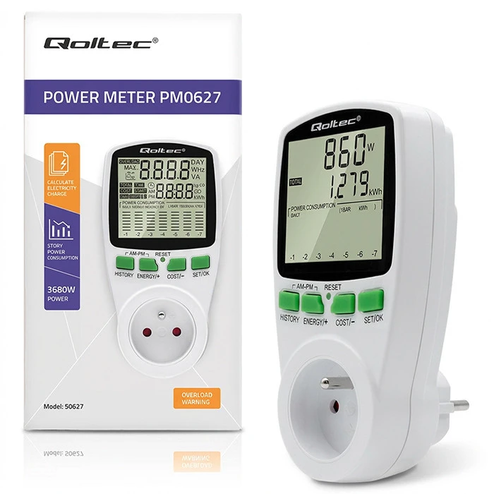 QOLTEC 50627 Galios matuoklis PM0627 su istorija / 3680W / 16A / LCD
