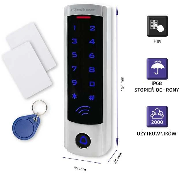 QOLTEC 52445 Kodinė spyna DIONE su RFID skaitytuvu Kodų kortelės rakto pakabukas Durų skambučio mygtukas IP68 EM