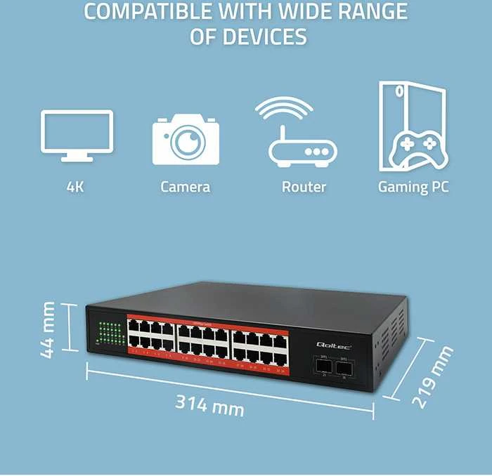 Šakotuvas Qoltec 52365 gigabito Ethernet komutatorius | 24x RJ45 | 2x SFP | 1000 Mb/s