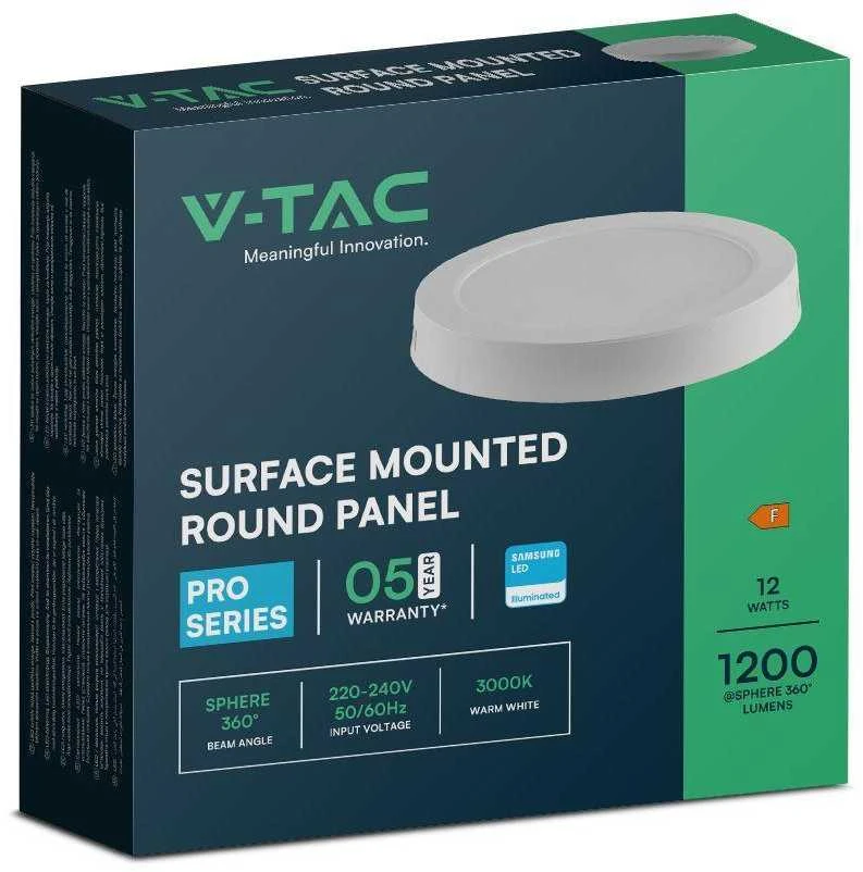 V-tac 12W LED paviršinė panelė, balta, 3000K, SAMSUNG LED chip