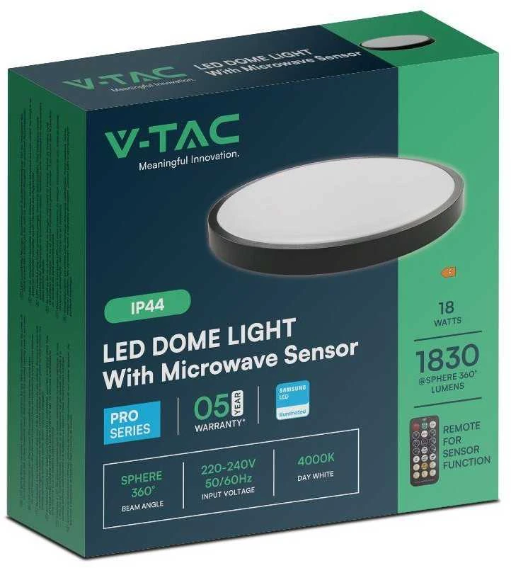Lubinis šviestuvas V-tac 18W LED paviršinis šviestuvas, juodas, 4000K, IP44, SAMSUNG LED chip, su judesio davikliu