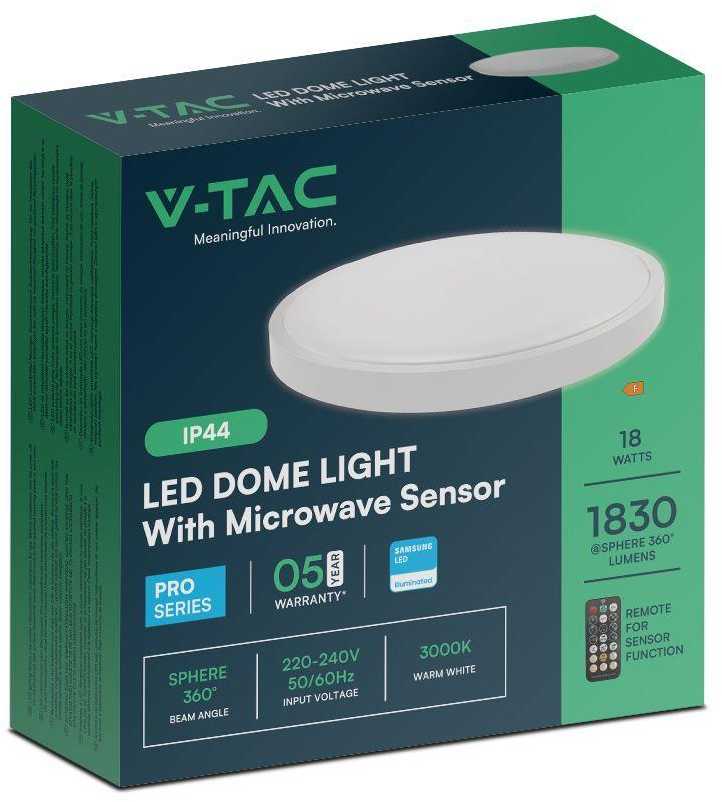 Lubinis šviestuvas V-tac 18W LED paviršinis šviestuvas, baltas, 6500K, IP44, SAMSUNG LED chip, su judesio davikliu