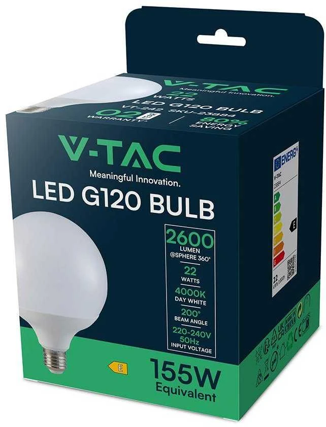 V-tac 22W LED lemputė, E27, G120, 4000K, 200°