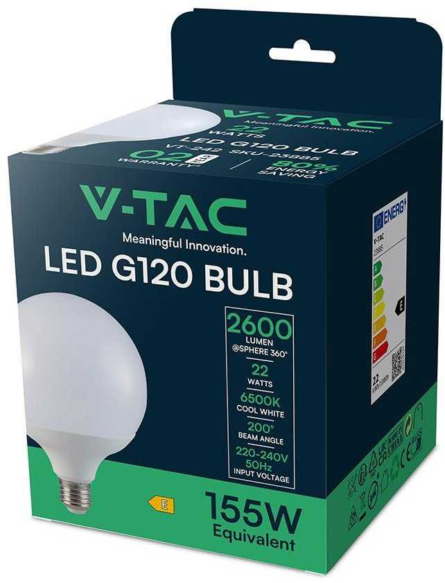 V-tac 22W LED lemputė, E27, G120, 6500K, 200°