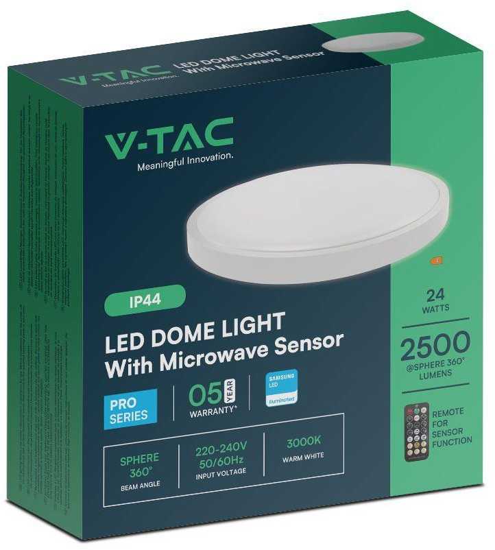 Lubinis šviestuvas V-tac 24W LED paviršinis šviestuvas, baltas, 4000K, IP44, SAMSUNG LED chip, su judesio davikliu