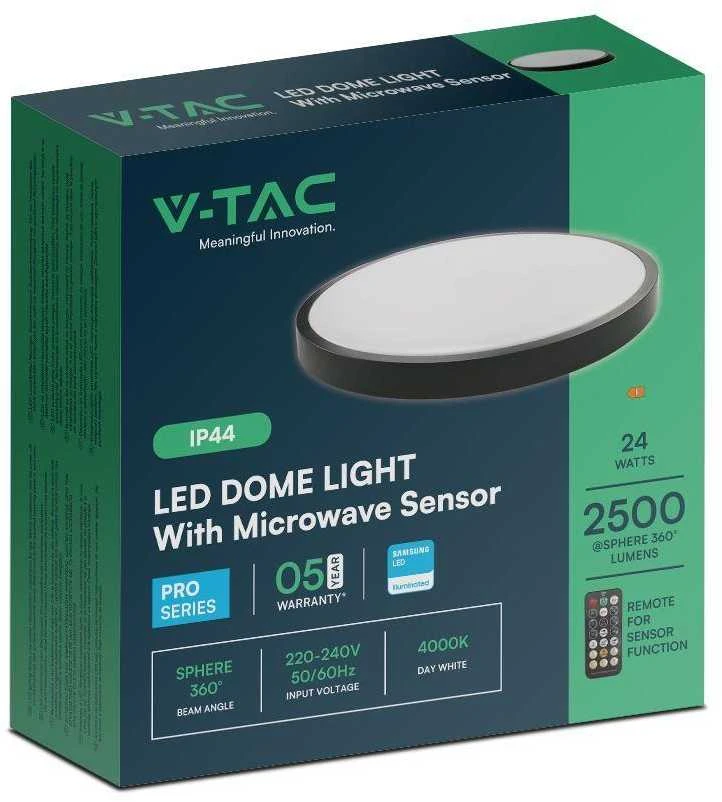 Lubinis šviestuvas V-tac 24W LED paviršinis šviestuvas, juodas, 4000K, IP44, SAMSUNG LED chip, su judesio davikliu