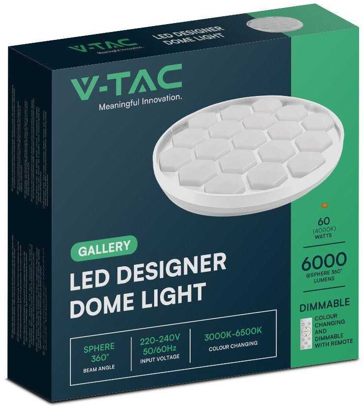 Lubinis šviestuvas V-tac 30/60W LED paviršinis šviestuvas, baltas, 3000/4000/6500K, dimeriuojamas, BEEHIVE dangtelis