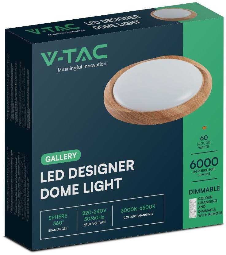 Lubinis šviestuvas V-tac 30/60W LED paviršinis šviestuvas, medžio sp., 3000/4000/6500K, dimeriuojamas, CYCLONE dangtelis