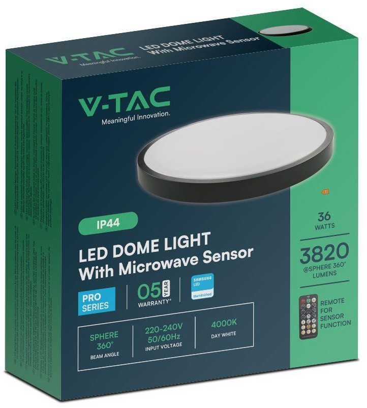Lubinis šviestuvas V-tac 36W LED paviršinis šviestuvas, juodas, 4000K, IP44, SAMSUNG LED chip, su judesio davikliu