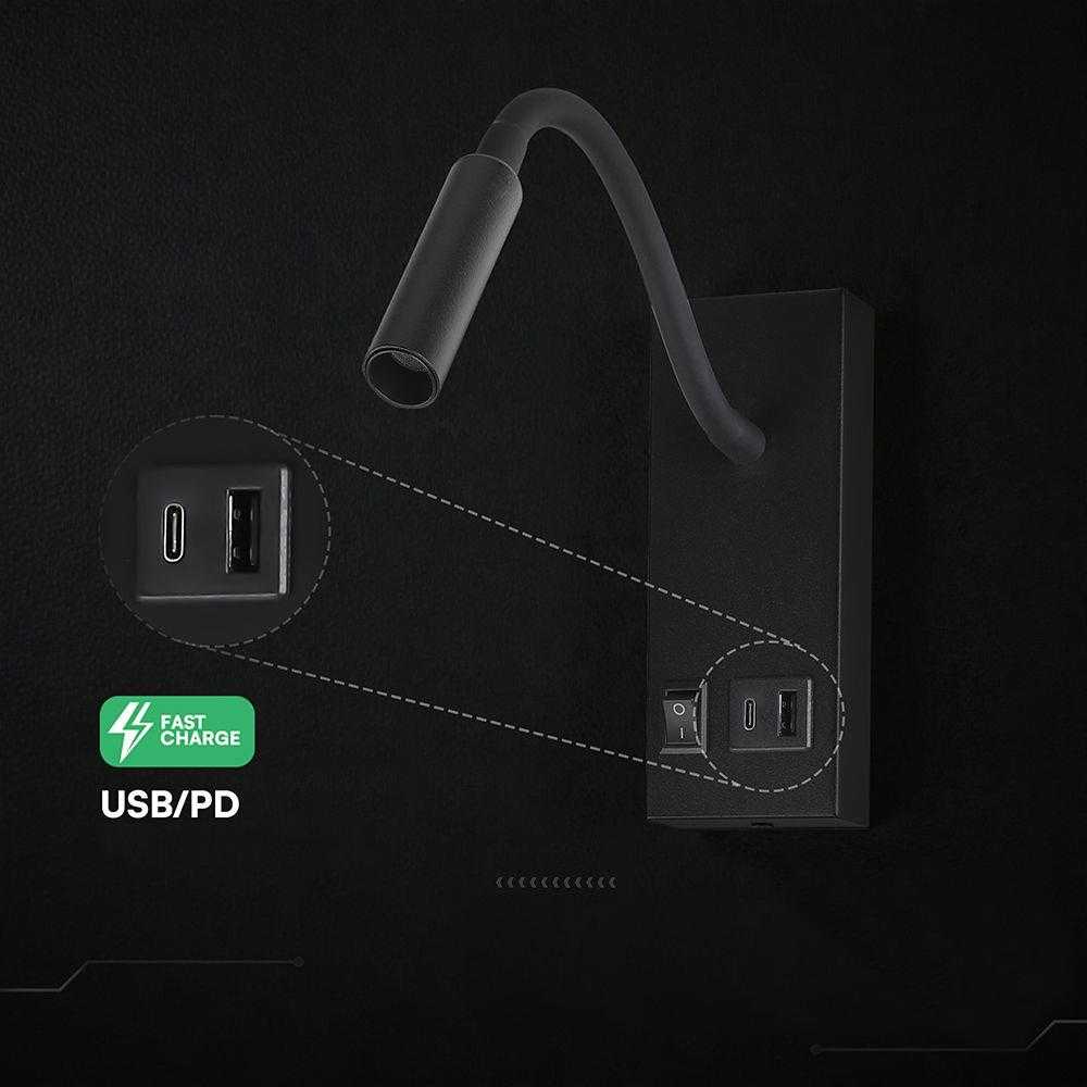 3W LED sieninis šviestuvas - skaitymo lempa, juodas, 3000K, su USB/PD jungtimi, CREE LED chip