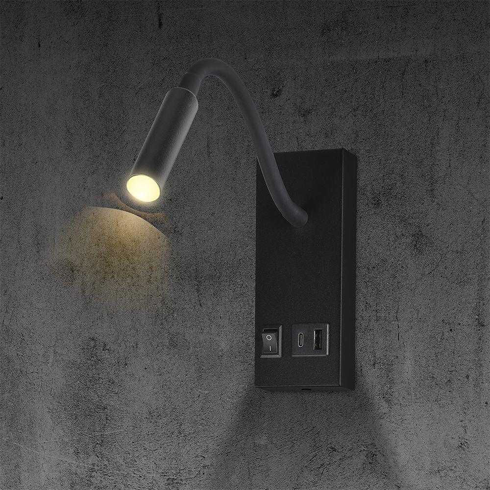 3W LED sieninis šviestuvas - skaitymo lempa, juodas, 3000K, su USB/PD jungtimi, CREE LED chip