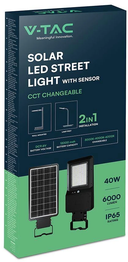 40W LED gatvės šviestuvas su saulės baterija ir judesio davikliu, juodas, 3000/4000/6000K, 140°x70°