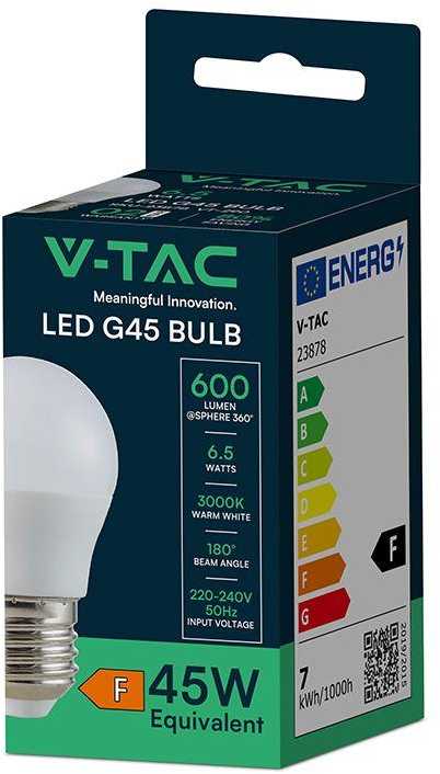 V-tac 6,5W LED lemputė, E27, G45, 3000K, 180°