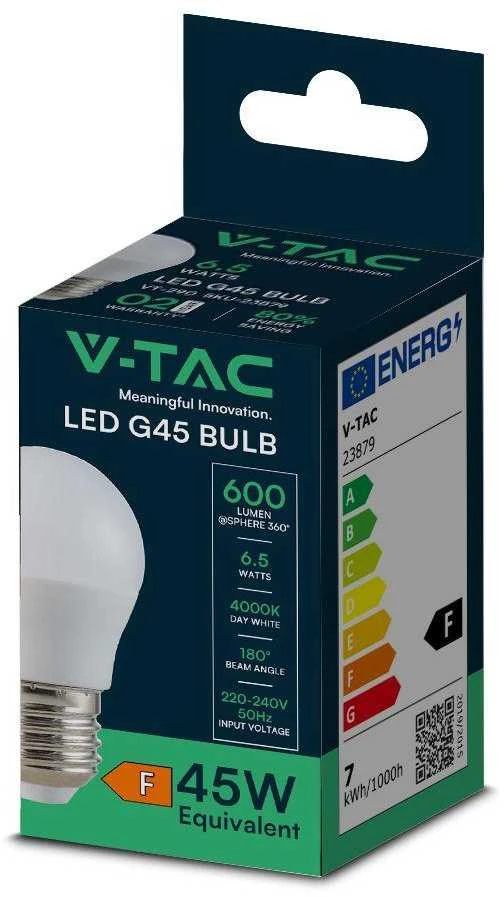 V-tac 6,5W LED lemputė, E27, G45, 4000K, 180°