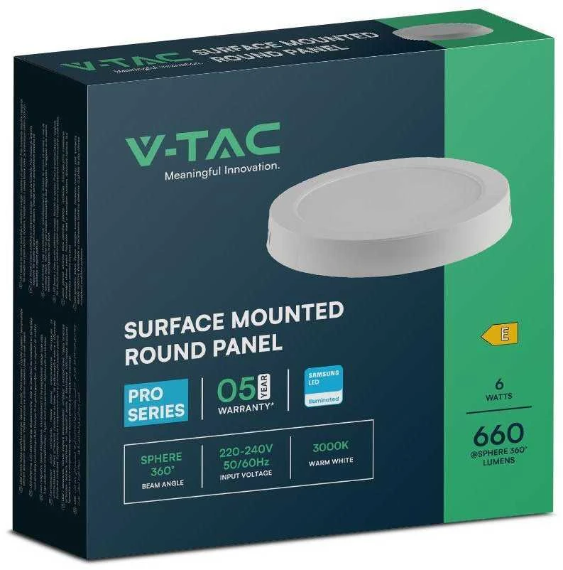 V-tac 6W LED paviršinė panelė, balta, 3000K, SAMSUNG LED chip