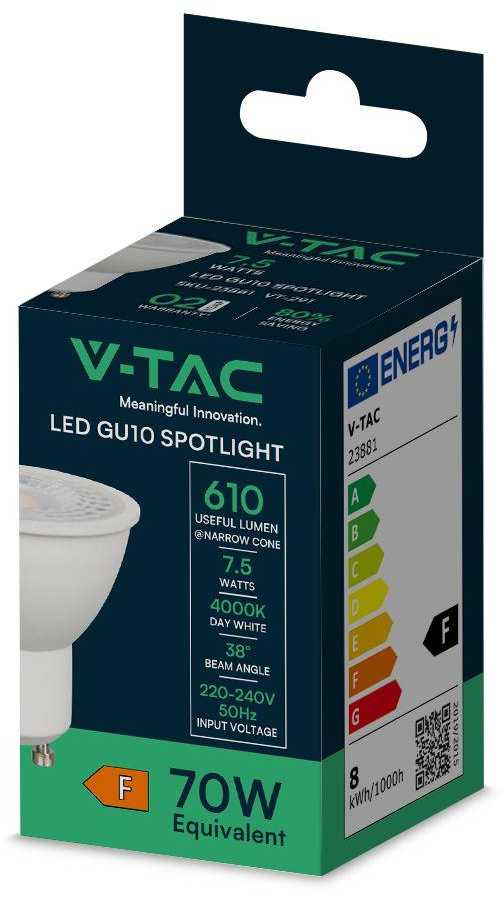 V-tac 7,5W LED lemputė, GU10, 4000K, 38°