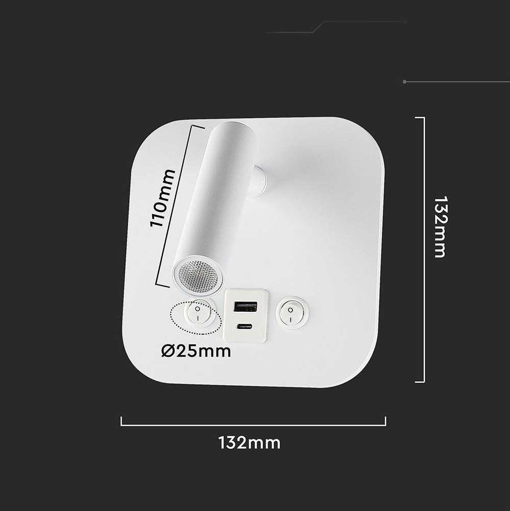 V-tac 8W LED sieninis šviestuvas, baltas, 3000K, su USB/PD jungtimi, CREE LED chip