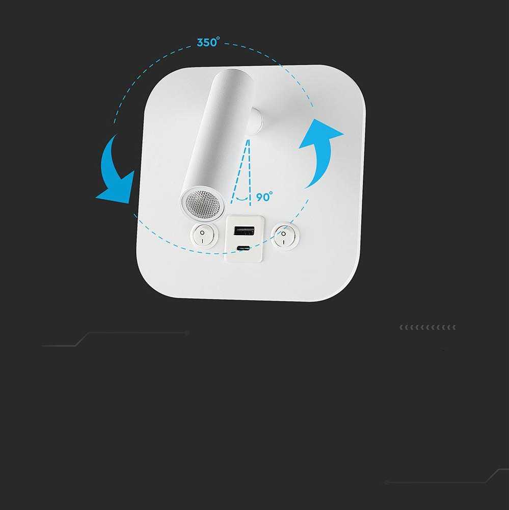 V-tac 8W LED sieninis šviestuvas, baltas, 3000K, su USB/PD jungtimi, CREE LED chip