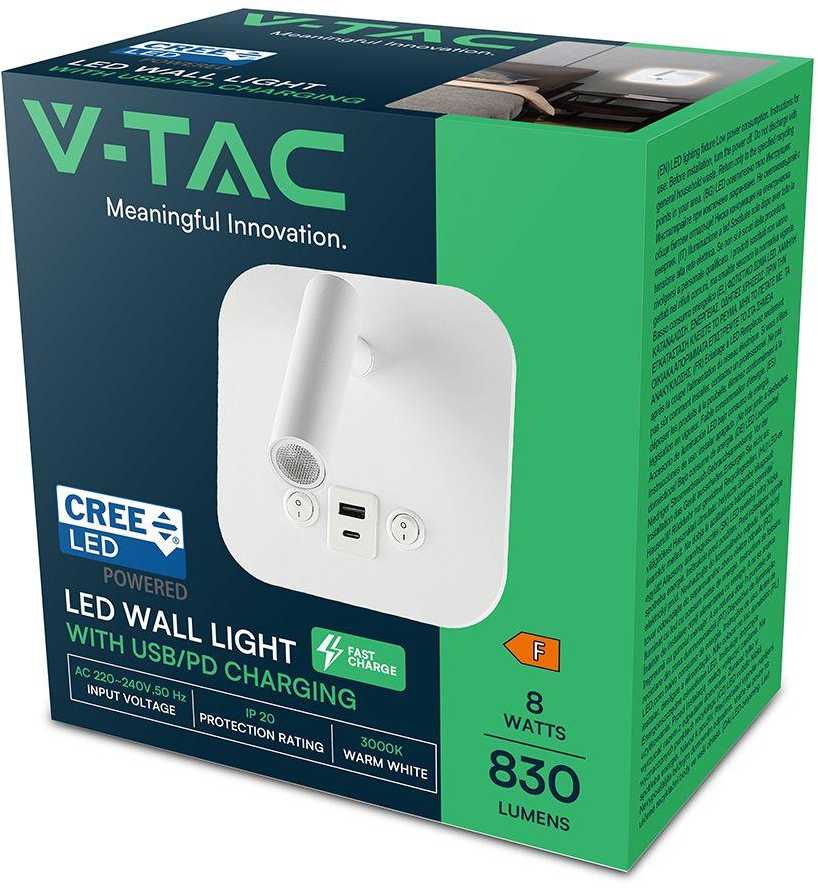 V-tac 8W LED sieninis šviestuvas, baltas, 3000K, su USB/PD jungtimi, CREE LED chip