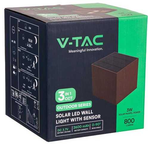 Sieninis šviestuvas V-tac 9W LED sieninis fasado šviestuvas su saulės baterija ir judesio davikliu, rūdžių sp., 3000/4000/5000K