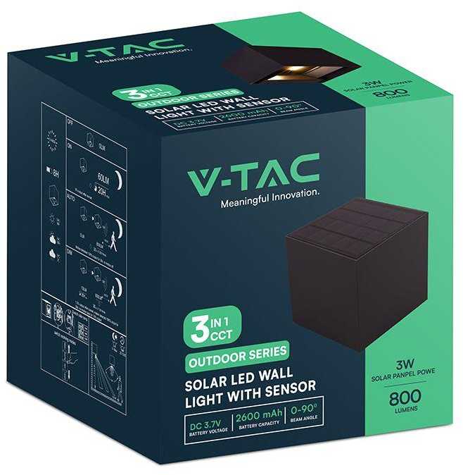 Sieninis šviestuvas V-tac 9W LED sieninis fasado šviestuvas su saulės baterija ir judesio davikliu, juodas, 3000/4000/5000K