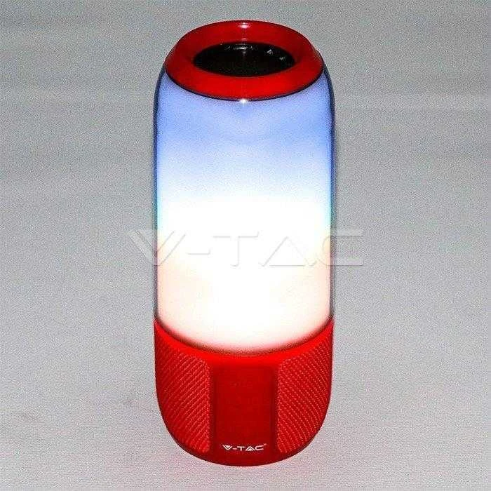 V-tac Bluetooth kolonėlė su 6W LED šviesomis, USB jungtimi, raudona. Yra TransFlash kortelės vieta, 5V, IP20, neatspari drėgmei.