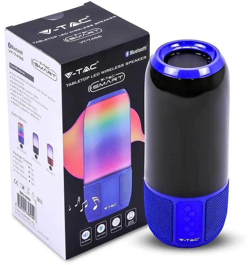 V-tac 6W Bluetooth kolonėlė su LED šviesomis, mėlyna, USB ir TF vieta, DC:5V