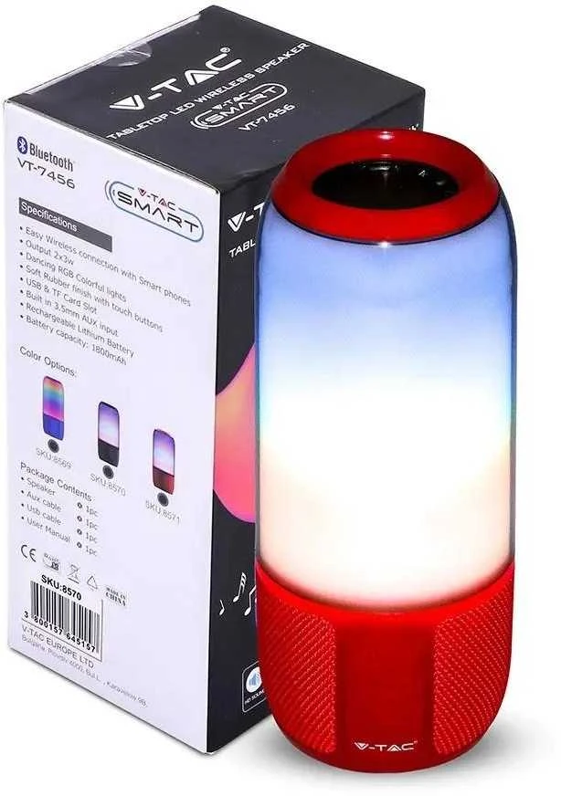 V-tac Bluetooth kolonėlė su 6W LED šviesomis, USB jungtimi, raudona. Yra TransFlash kortelės vieta, 5V, IP20, neatspari drėgmei.