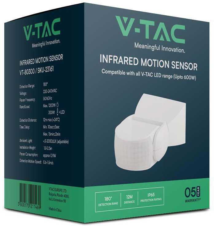 V-tac Infraraudonųjų spindulių paviršinis judesio daviklis, baltas, IP65