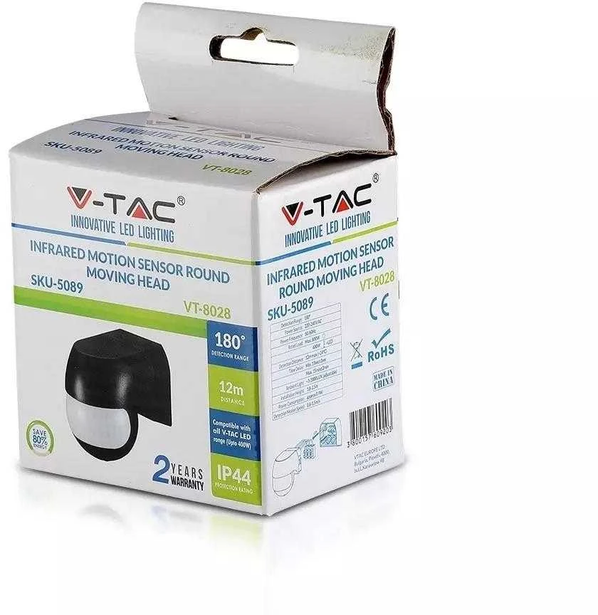 V-tac PIR judesio daviklis, montuojamas ant sienos, 180°, juodas, IP44