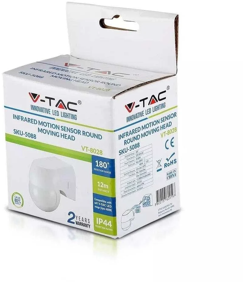 V-tac PIR judesio daviklis, montuojamas ant sienos, 180°, baltas, IP44