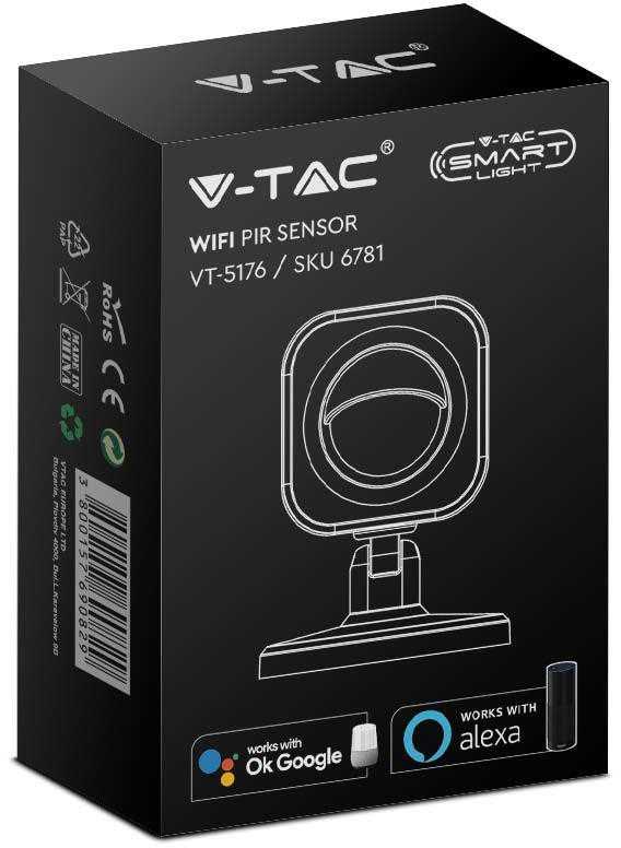 V-tac WIFI PIR judesio daviklis, juodas, suderinamas su AMAZON ALEXA ir GOOGLE HOME