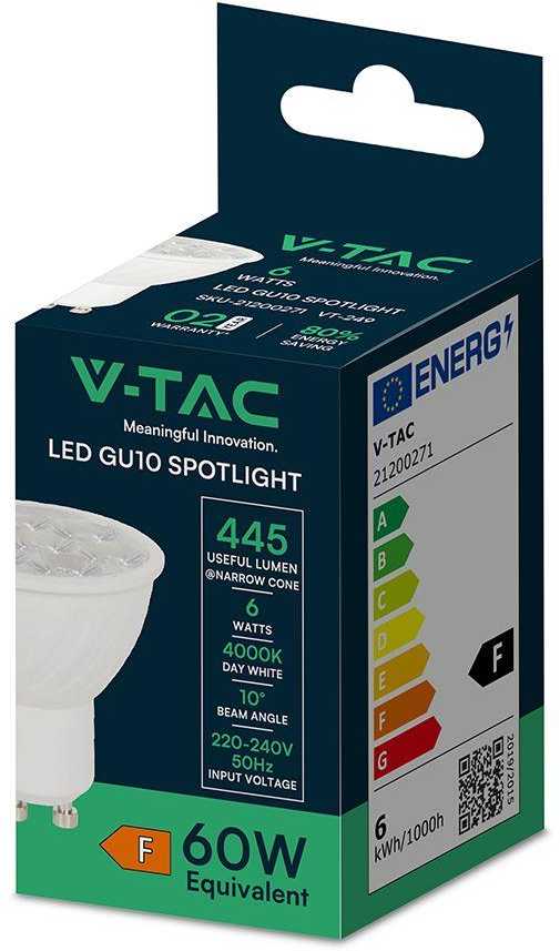 V-tac 6W LED lemputė, GU10, 4000K, 10°