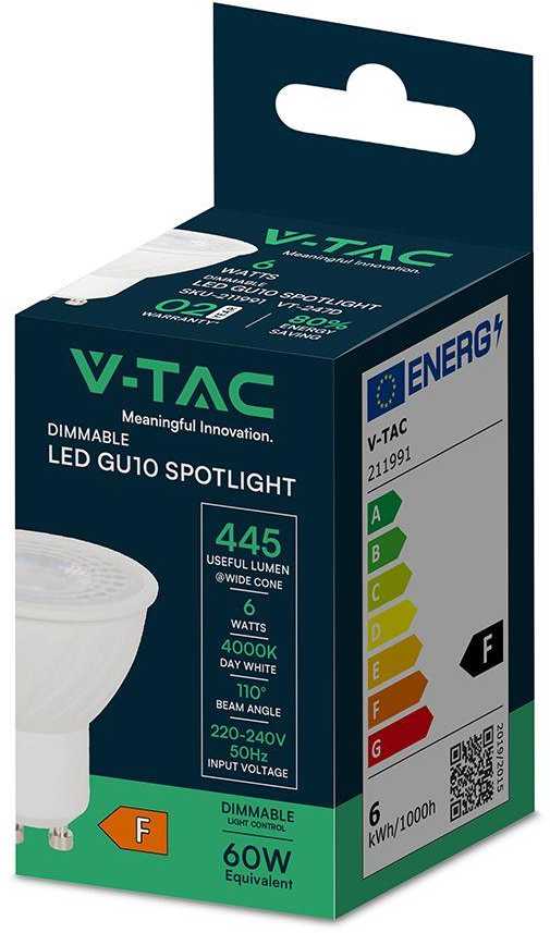 V-tac 6W LED lemputė, GU10, 4000K, 110°, dimeriuojama