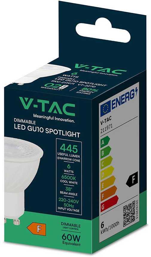 V-tac 6W LED lemputė, GU10, 6500K, 38°, dimeriuojama