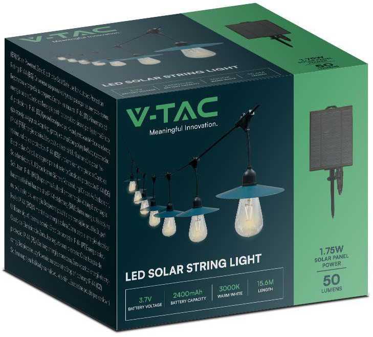 V-tac 3W LED girlianda su saulės baterija, 15 lempučių, 3000K, IP44