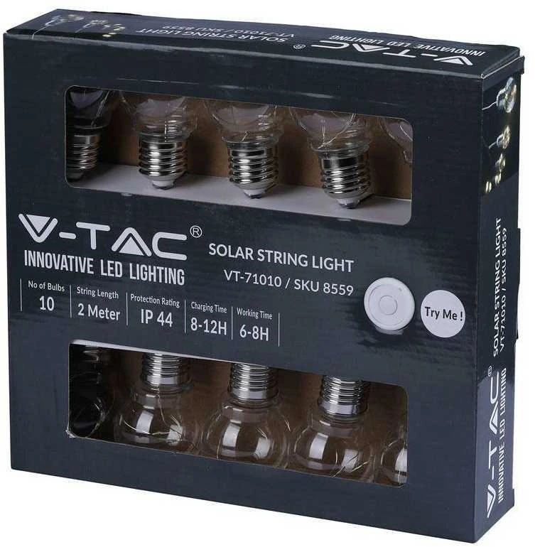 V-tac 1W lempučių juosta su saulės baterija, IP54. Laido ilgis 2m, 3000K (šiltai balta)