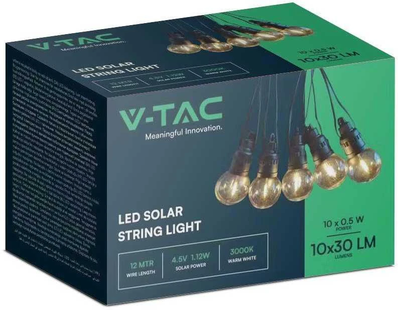 V-tac 10x0,5W LED lempučių girlianda, 3000K, 12m, su saulės baterija ir nuotolio valdymo pulteliu